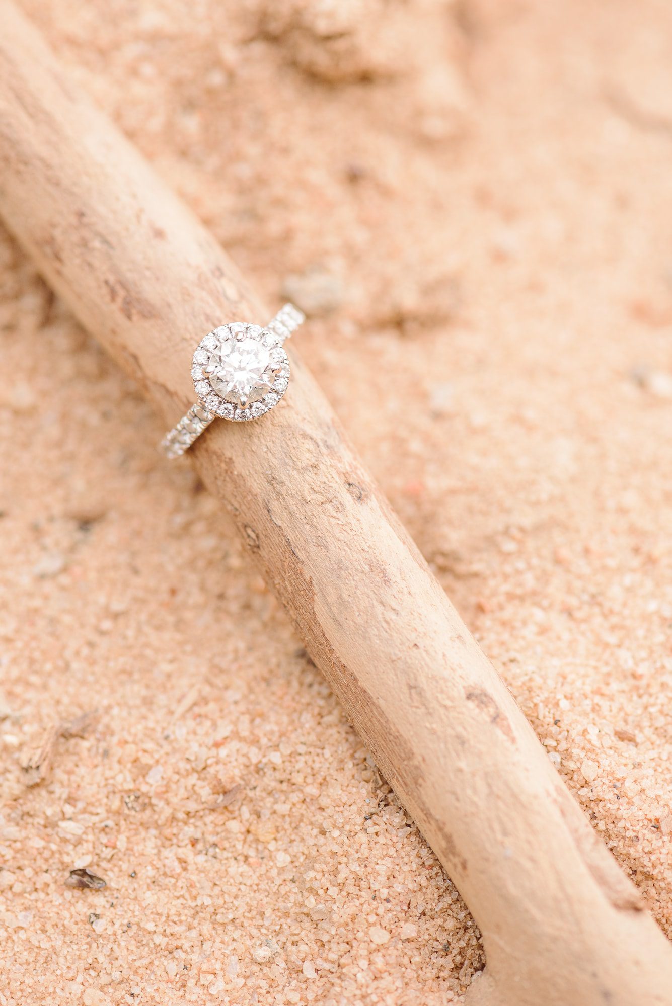 An engagement ring lays in the sand during these Jetton Park engagement photos.